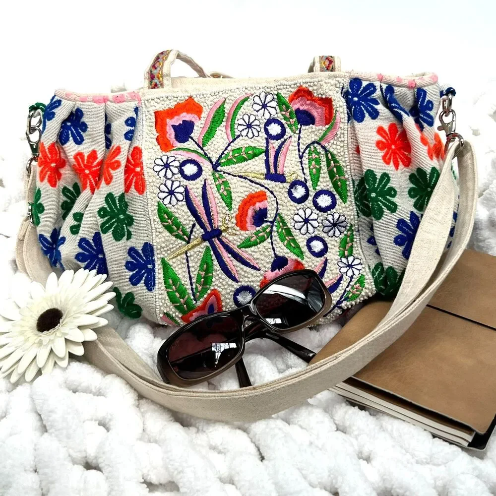 Beaded Embroidered Dragonfly Tote Bag Boho Multicolor Crossbody America & Beyond
